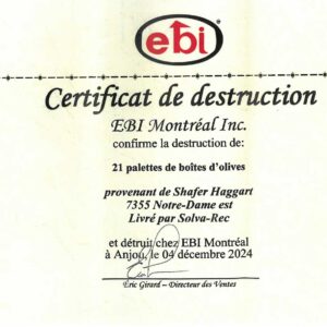 Certificate of Destruction, defective Wade El Nile olives