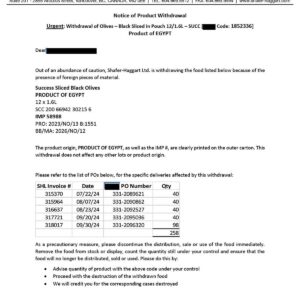 Notice of Product Withdrawl, Wade El Nile olives