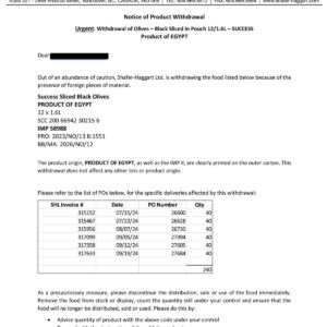 Notice of Product Withdrawl, Wade El Nile olives